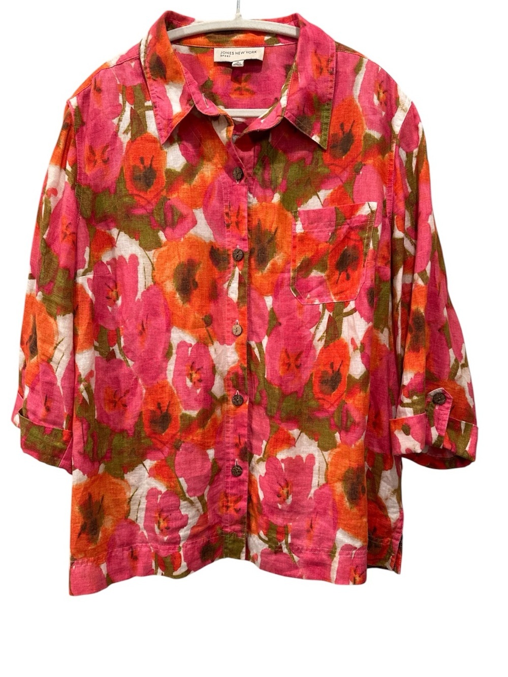 100% LinenVibrant Floral Button Down Blouse Roll Tab Sleeves Breathable Sz XL